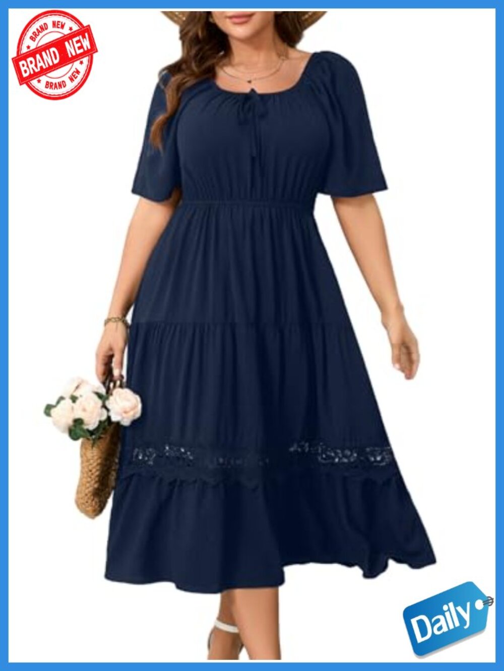 Plus Size Maxi Dress Short Sleeve Square Neck Smocked Sundress Casual Beach